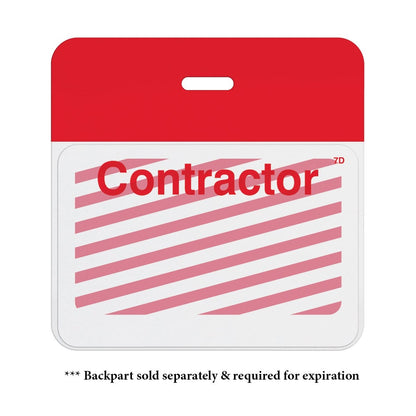 Manual One-week Expiring TIMEbadge "CONTRACTOR" (P/N T6205) with a red top section and red diagonal stripes on the lower section. Text reads "Contractor." Note beneath states "* Backpart sold separately & required for expiration. This Manual Expir...