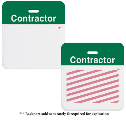 Two contractor badges, one blank and one with diagonal red stripes, both have a green header labeled "Contractor." Note states back part is sold separately and required for expiration. Perfect for visitor management, these Thermal-printable TIMEbadge Frontpart Expiration, Box of 1000 (P/N T6X51) ensure secure identification within your premises.