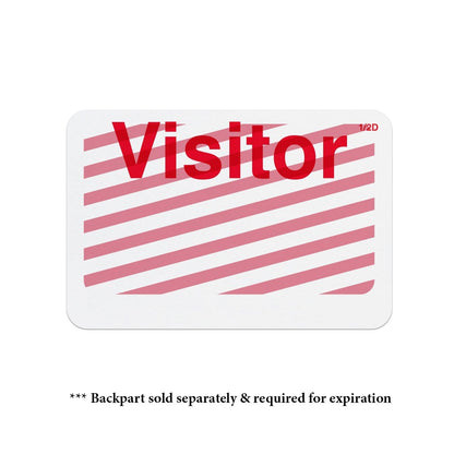 A Manual Half-day Expiring TIMEbadge "VISITOR" (P/N T6403) with the word "Visitor" in bold red letters on a white background with diagonal pink stripes. Text at the bottom says, "* Backpart sold separately & required for expiration." This expiring badge is essential for a secure environment and effective visitor management.