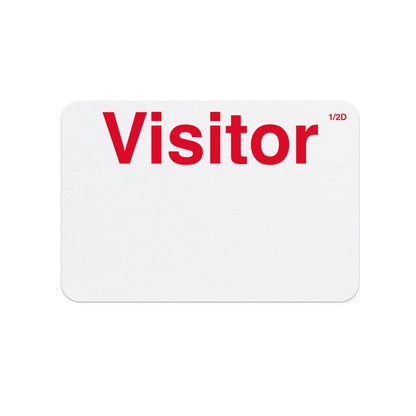 A Manual Half-day Expiring TIMEbadge "VISITOR" (P/N T6403) with the word "Visitor" in large red text at the top and "1/2D" in smaller text in the upper right-hand corner. The rest of the badge is blank, ideal for visitor management to ensure a secure environment.