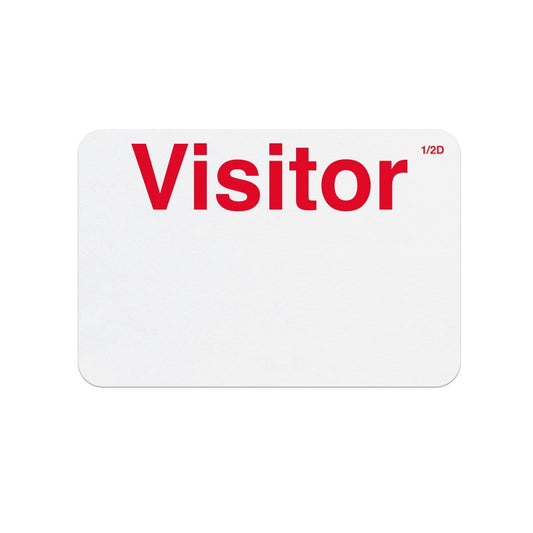 A Manual Half-day Expiring TIMEbadge "VISITOR" (P/N T6403) with the word "Visitor" in large red text at the top and "1/2D" in smaller text in the upper right-hand corner. The rest of the badge is blank, ideal for visitor management to ensure a secure environment.
