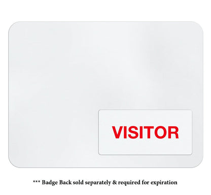 A white card with the word "VISITOR" in bold red letters and a smaller detachable section at the bottom right. Text below the card states, "* Self-expiring Half-day TIMEtoken Indicators (P/N T641X) sold separately & required for expiration. Ideal for effective visitor management with temporary badges featuring self-expiring indicators.