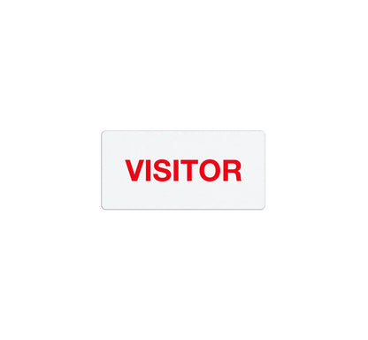 A white rectangular badge with the word "VISITOR" printed in bold red letters, featuring Self-expiring Half-day TIMEtoken Indicators (P/N T641X) for effective visitor management. Sold by Specialist ID.