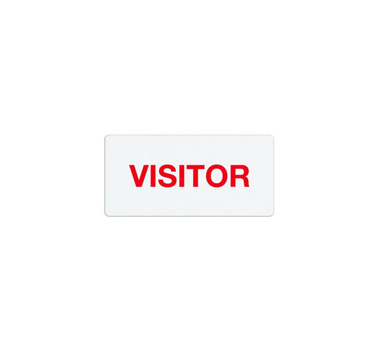 A white rectangular badge with the word "VISITOR" printed in bold red letters, featuring Self-expiring Half-day TIMEtoken Indicators (P/N T641X) for effective visitor management. Sold by Specialist ID.