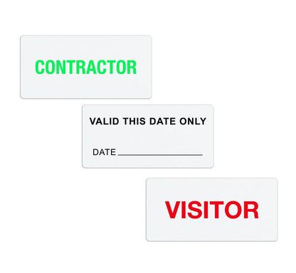 Three rectangular identification labels are shown: one reads "CONTRACTOR" in green text, another reads "VALID THIS DATE ONLY" with a blank date field for temporary badges, and the last reads "VISITOR" in red text. These Self-expiring Half-day TIMEtoken Indicators (P/N T641X) are essential tools for effective visitor management.