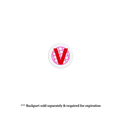 The image shows a circular logo with a red "V" inside, against a pink grid background. Below the logo, there is text stating "* Backpart sold separately & required for expiration. This design is ideal for Color One Day Expiring Time Spot Indicator, Box of 1000 (P/N T612X) in visitor management systems.