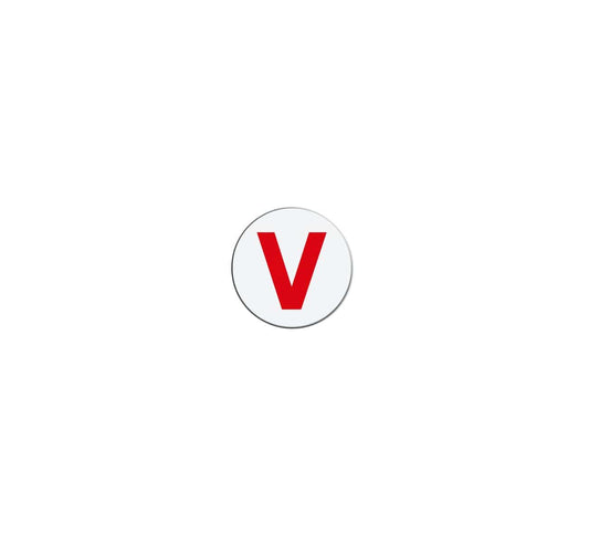 A red letter "V" is centered on a white circular background with a thin grey border, perfect for self-expiring temporary badges in visitor management. The image is set against a plain white backdrop, resembling the Color One Day Expiring Time Spot Indicator, Box of 1000 (P/N T612X) design.