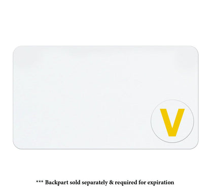 Rectangular white card with rounded corners and a yellow "V" in a circle on the lower right corner. Text below reads "* Backpart sold separately & required for expiration. Ideal for self-expiring temporary badges within Visitor management systems, such as the Color One Day Expiring Time Spot Indicator, Box of 1000 (P/N T612X).