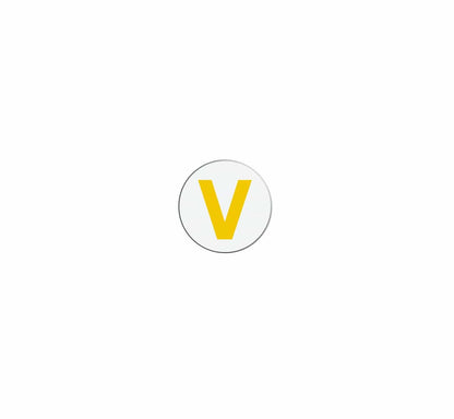 A yellow letter "V" inside a white circle with a gray outline on a white background, ideal for self-expiring temporary badges in visitor management systems, such as the Color One Day Expiring Time Spot Indicator, Box of 1000 (P/N T612X).