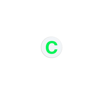 A green letter "C" is centered on a plain white background within a light gray circle, ideal for visitor management systems like the Color One Day Expiring Time Spot Indicator, Box of 1000 (P/N T612X).