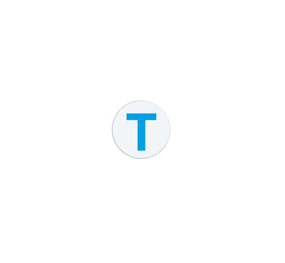 A blue capital letter "T" is centered on a white circular background, often seen on Color One Day Expiring Time Spot Indicator, Box of 1000 (P/N T612X) used in visitor management systems.