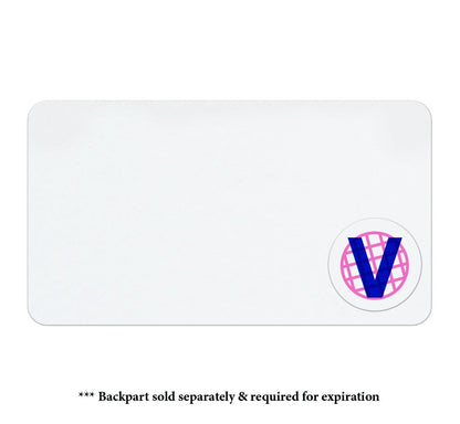 Rectangular white card with a circular logo featuring a blue "V" inside a pink globe pattern in the bottom right corner. Text below reads: "* Backpart sold separately & required for expiration." Ideal for self-expiring temporary badges in visitor management systems, such as the Color One Day Expiring Time Spot Indicator, Box of 1000 (P/N T612X).
