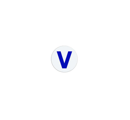 A Color One Day Expiring Time Spot Indicator, Box of 1000 (P/N T612X) featuring a white circle with a bold blue letter "V" in the center on a plain white background, designed for efficient visitor management.