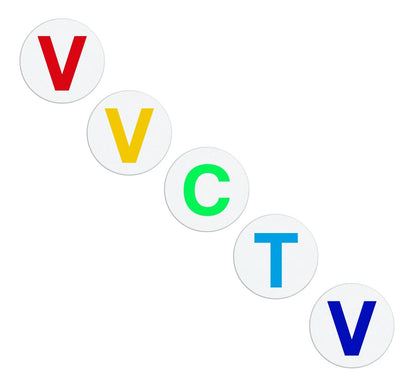 Five white circles arranged diagonally, each containing a single letter: "V" in red, "V" in yellow, "C" in green, "T" in blue, and "V" in dark blue, reminiscent of the "V" Half Day Expiring Time Spot/Cover Indicator (P/N T642X) used for efficient visitor management.