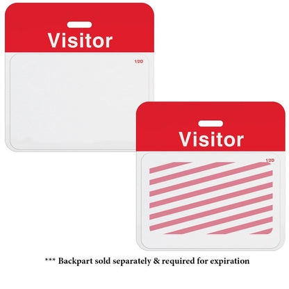 Two visitor badges: the left one with a blank white space and the right one showing red diagonal stripes. A note below states, "* Backpart sold separately & required for expiration. Ideal for visitor management, these are Thermal-printable TIMEbadge Frontpart Expiration, Box of 1000 (P/N T6X51) designed to ensure security.