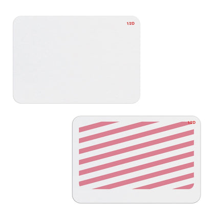 Two rectangular white cards are shown. The top card is plain, while the bottom card has diagonal pink stripes. Both have "1/2D" written in red in the top right corner, ideal for use as **Thermal-printable TIMEbadge Frontpart Expiration, Box of 1000 (P/N T6X51)** within a visitor management system.