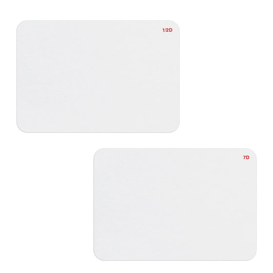 Two blank white cards with rounded corners; the top card is labeled "1/2D" and the bottom card is labeled "7D" in red text in the top-right corner. Ideal for visitor management, these thermal-printable TIMEbadge Frontpart Expiration, Box of 1000 (P/N T6X51) ID badges ensure security and easy identification.