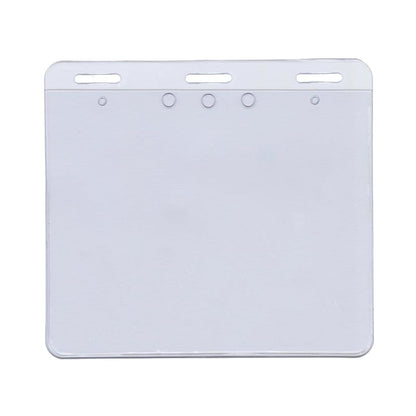 A 4x3 Extra Large Badge Holder - USA MADE Plastic Horizontal 4 1/2 x 3 1/2 Card Protector for Conference, Trade Show Events (SPID-1590) with three slot holes and three circular holes at the top, made in the USA.