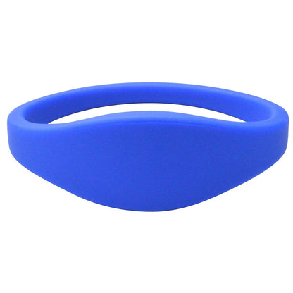 A blue SPID UBand Proximity Silicone WristBand with a seamless design viewed from an angle, featuring a 125 kHz proximity chip. Sold by Specialist ID.