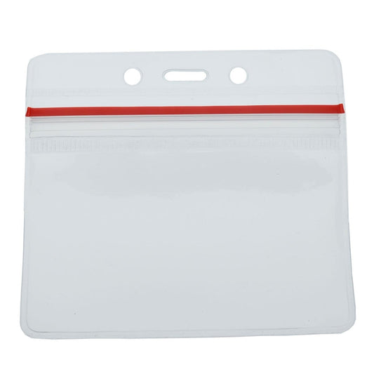 A Clear Horizontal Vinyl ID Holder with a Zipper Top (VBH-H-ZIP), featuring a clear horizontal vinyl ID holder with a red zipper top closure and three punched holes for easy attachment.