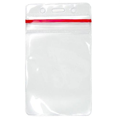 Clear plastic badge holder with a red zip lock seal and punched holes at the top for lanyard attachment. This Clear Vertical Vinyl ID Holder with a Zipper Top (VBH-V-ZIP) is perfect for keeping your badge secure and easily accessible.