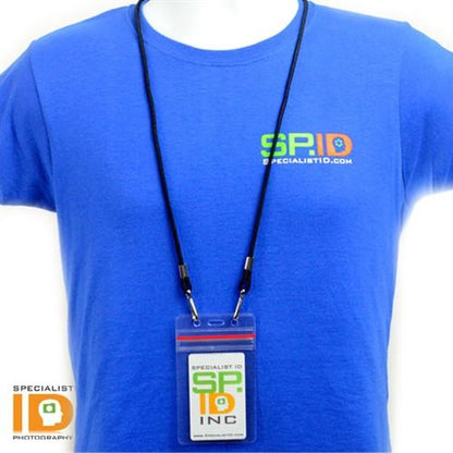 Person wearing a blue t-shirt with "Specialist ID" logo and a Clear Vertical Vinyl ID Holder with a Zipper Top (VBH-V-ZIP) on a lanyard hanging around their neck.