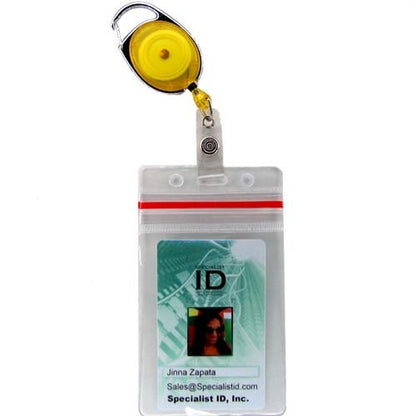 A Clear Vertical Vinyl ID Holder with a Zipper Top (VBH-V-ZIP) with a white and yellow retractable badge reel. The credit card size ID card inside is labeled "Jinna Zapata" and includes contact information and a photo.