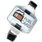 A Clear Fuel Card Holder for Visor with Elastic Band encases a fuel card with an image of a fuel pump and the text "FUEL CARD" printed on it. Complementing the sleek design are black and white straps on either side.