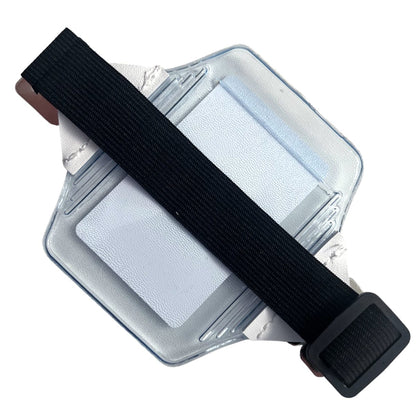 A Clear Fuel Card Holder for Visor with Elastic Band with a black elastic strap and a plastic buckle across the front, possibly designed for holding a small item or device. Sold by Specialist ID.