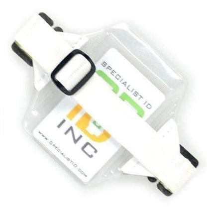 A Clear Fuel Card Holder for Visor with Elastic Band featuring a visible "Specialist ID Inc." logo on the card inside, doubling as a sleek vinyl badge holder.