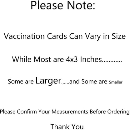 A sign reads: "Please Note: Vaccination Cards Can Vary in Size. While most are 4x3 inches, some are larger and some are smaller. Please confirm your measurements before ordering a 4 x 3 Horizontal Event Badge Holder with Clothing Friendly Bulldog Clip - Clear Vinyl, Horizontal & Durable (SPID-1440). Thank you.