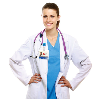 A woman wearing a white lab coat and blue scrubs with a stethoscope around her neck smiles while standing with her hands on her hips. A Translucent Blue Square Retractable Badge Reel With Spring Clip (P/N 2120-5712) is clipped to her coat, which reads "Physician.