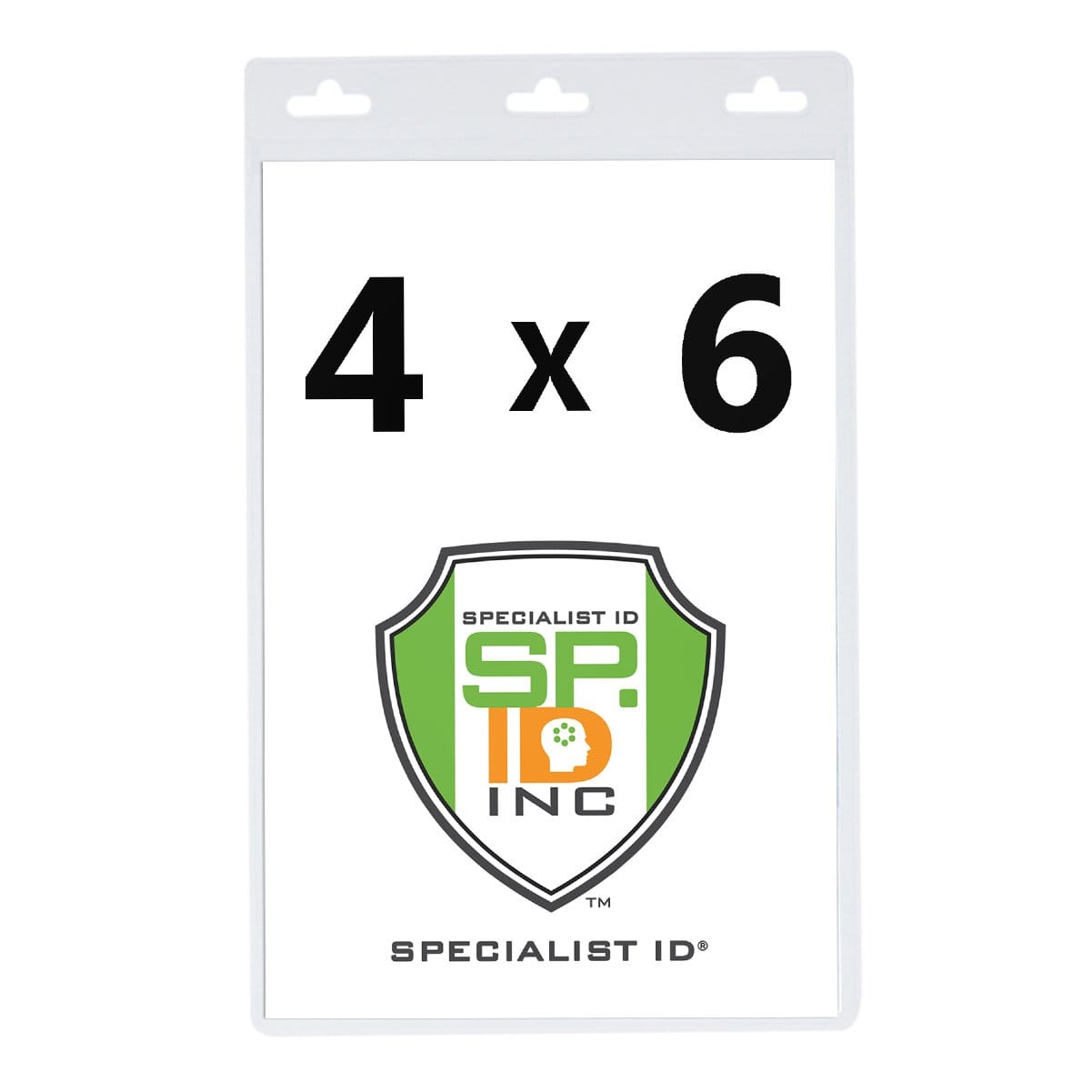 A Vertical Oversized 4X6 Vinyl ID Badge Holder (XL46V) displaying "4 x 6" above a green and orange shield-shaped logo with the text "Specialist ID Inc.