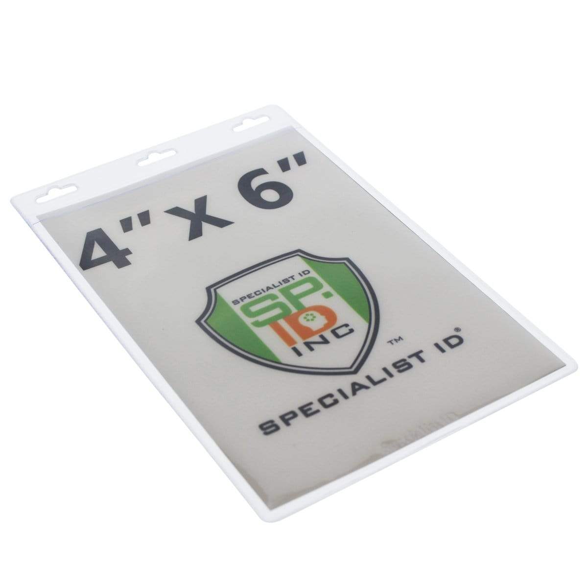 Plastic badge holder measuring 4 inches by 6 inches with an ID security shield logo labeled "Specialist ID INC." This Vertical Oversized 4X6 Vinyl ID Badge Holder (XL46V) is perfect for larger IDs and special size credential holders.
