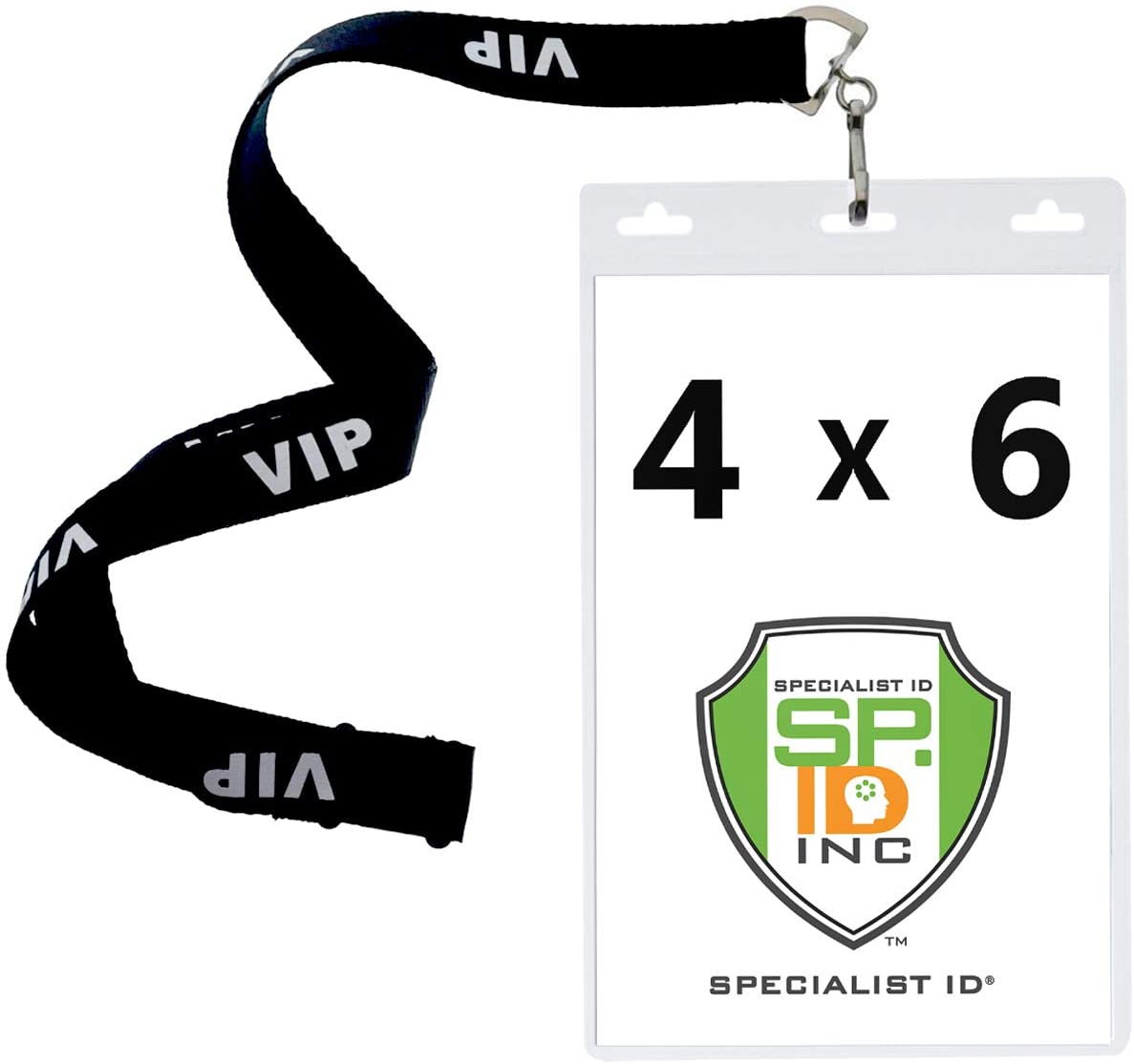 Lanyard with 'VIP' text attached to a Vertical Oversized 4X6 Vinyl ID Badge Holder (XL46V) displaying '4 x 6' dimensions and Specialist ID Inc logo.