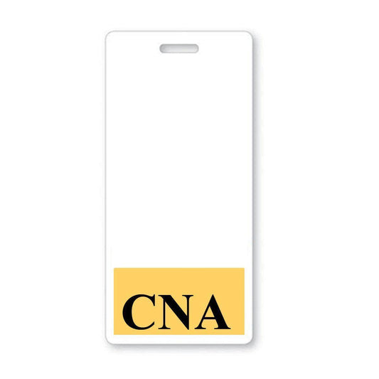 A white ID badge features an empty top section with the letters "CNA" in black on a yellow background at the bottom, designed as a versatile CNA Badge Buddy - Vertical Badge Buddies for Certified Nursing Assistant (Standard Size).