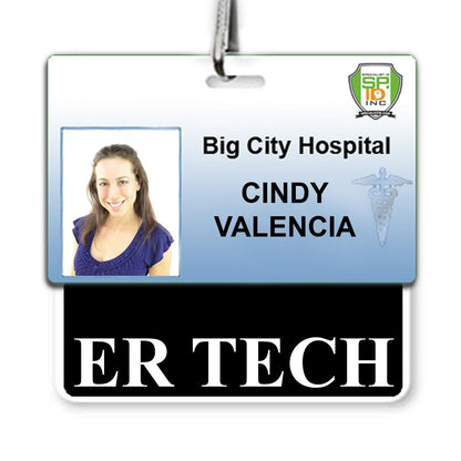 Identification badge for Cindy Valencia from Big City Hospital, labeled as an **ER TECH Horizontal Badge Buddy with Black Border**. Includes her photo, hospital logo, and name for role recognition in a busy hospital environment.