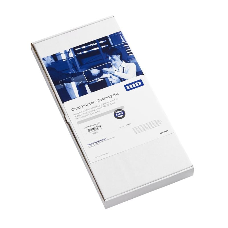 Fargo Cleaning Kit 88933 For HDP6600 and HDP8500 in a white box with a partially visible label and an image of a person using an HDP8500 card printer. Sold by Specialist ID, an authorized HID dealer.