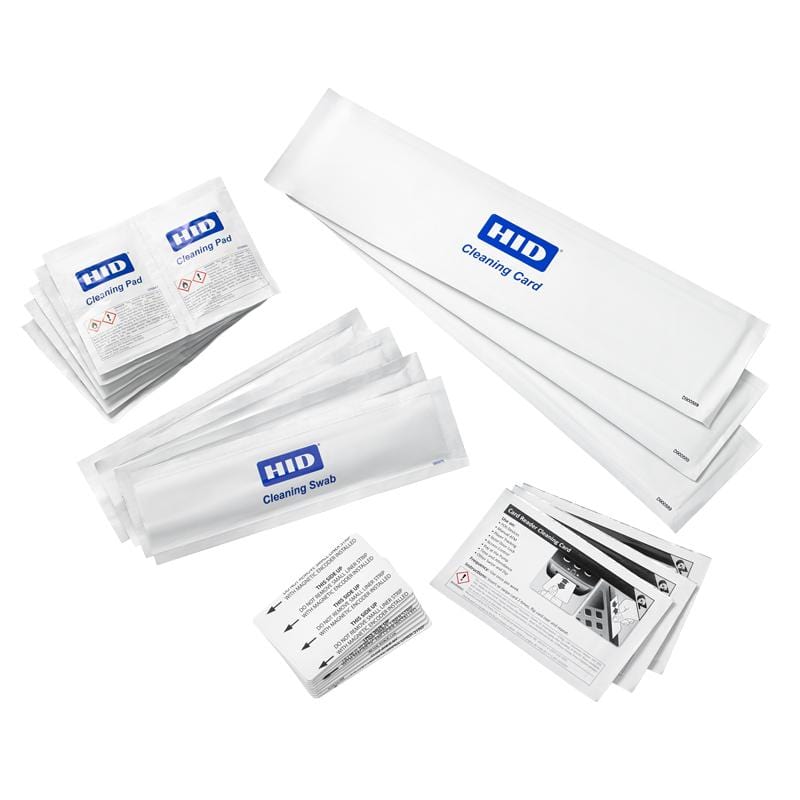 A collection of HID branded cleaning supplies, including the Fargo Cleaning Kit 88933 For HDP6600 and HDP8500, as well as cleaning cards, pads, and swabs, arranged on a white surface. Sold by Specialist ID, an authorized HID dealer.