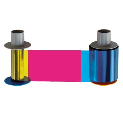 Unspooled roll of HID Fargo 84811 YMCK color ribbon showing yellow, magenta, and cyan dye panels stretched cleanly between silver spools. Displayed on a white background, this genuine retransfer ribbon supports up to 500 high-resolution prints on the HDP8500 printer. Ideal for secure ID card issuance with vibrant photo quality and sharp text. Sold by Specialist ID, an authorized HID Fargo dealer.