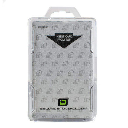 A transparent, durable polycarbonate Identity Stronghold RFID Blocking Secure ID Badgeholder DuoLite 2 Sided Shielded Badge Holder Blocks 13.56MHz Signal (IDSH2004-001B) with an opening at the top, labeled "INSERT CARD FROM TOP" and displaying a pattern of shield icons in the background.