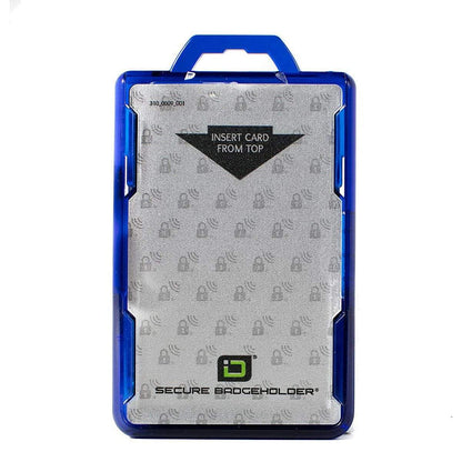 A blue, durable polycarbonate Identity Stronghold RFID Blocking Secure ID Badgeholder DuoLite 2 Sided Shielded Badge Holder Blocks 13.56MHz Signal (IDSH2004-001B) with a clear front displaying instructions to "INSERT CARD FROM TOP". This practical design also offers RFID blocking for added security.
