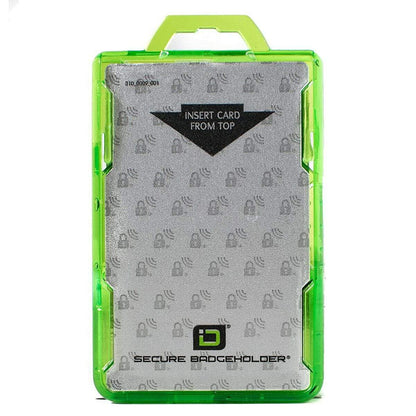 An Identity Stronghold RFID Blocking Secure ID Badgeholder DuoLite 2 Sided Shielded Badge Holder Blocks 13.56MHz Signal (IDSH2004-001B) crafted from durable polycarbonate features a transparent cover and is labeled "Insert card from top." Additionally, it offers RFID blocking for enhanced protection of ID cards.