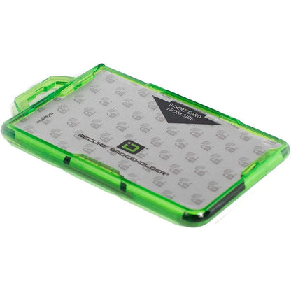 Green and transparent Identity Stronghold RFID Blocking Secure ID Badgeholder DuoLite 2 Sided Shielded Badge Holder Blocks 13.56MHz Signal (IDSH2004-001B), crafted from durable polycarbonate, featuring an RFID blocking layer and a convenient card insertion slot on the side.