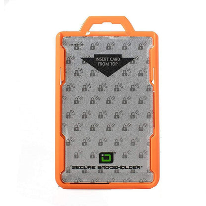 An orange secure badge holder made from durable polycarbonate with instructions to insert the card from the top. The background features a repeating lock pattern, and an arrow points to the card slot. Enjoy added protection with its RFID blocking technology. **Identity Stronghold RFID Blocking Secure ID Badgeholder DuoLite 2 Sided Shielded Badge Holder Blocks 13.56MHz Signal (IDSH2004-001B)**