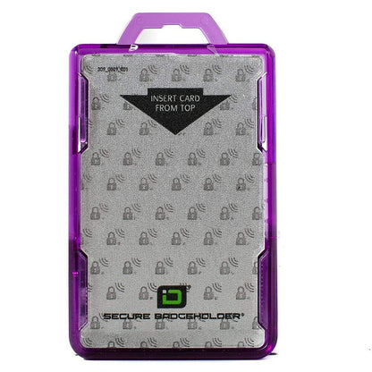 Identity Stronghold RFID Blocking Secure ID Badgeholder DuoLite 2 Sided Shielded Badge Holder Blocks 13.56MHz Signal (IDSH2004-001B) with a durable polycarbonate design, featuring a transparent front that displays "INSERT CARD FROM TOP" text and a grey background adorned with small lock icons.