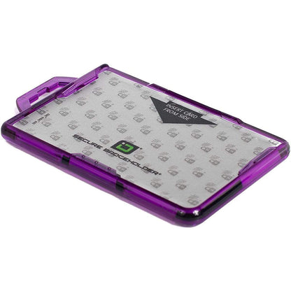 A transparent purple Identity Stronghold RFID Blocking Secure ID Badgeholder DuoLite 2 Sided Shielded Badge Holder Blocks 13.56MHz Signal (IDSH2004-001B) made from durable polycarbonate, featuring a slot for easy card insertion and text indicating "Insert card from top".