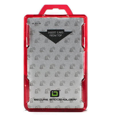 A red and transparent ID badge holder, made from durable polycarbonate, with instructions to insert the card from the top. The holder is labeled "Identity Stronghold RFID Blocking Secure ID Badgeholder DuoLite 2 Sided Shielded Badge Holder Blocks 13.56MHz Signal (IDSH2004-001B)" and offers RFID blocking for added protection.