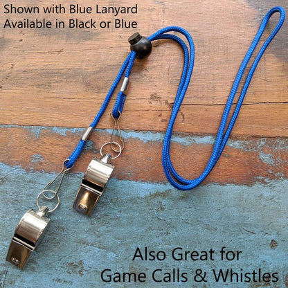 Two metallic whistles on a blue, Adjustable Length Double Ended Lanyard - Handy & Convenient Event Badge Holder & Hanger with 2 Clips displayed on a wooden surface. Text states availability in black or blue and notes the lanyard's utility for game calls, whistles, or as an event badge holder.