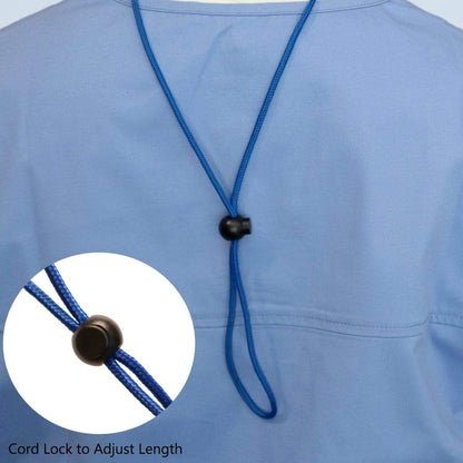 Back view of a person wearing a blue garment with a blue cord around the neck, functioning as an Adjustable Length Double Ended Lanyard - Handy & Convenient Event Badge Holder & Hanger with 2 Clips. The cord has a black cord lock for adjusting length. Inset image shows a close-up of the cord lock.